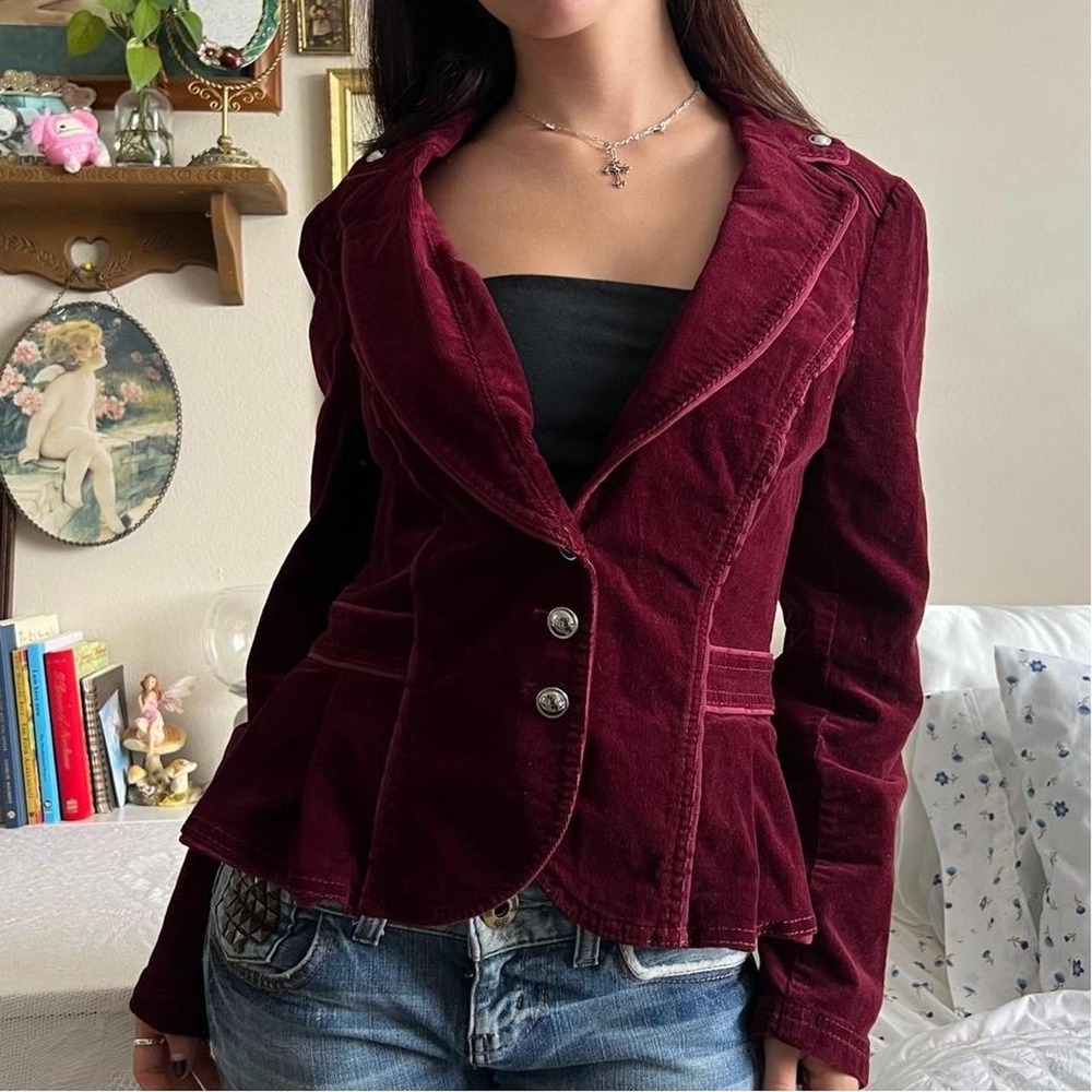 White House Black Market Burgundy Corduroy Blazer Jacket Size 8 Vintage 2000s - Picture 2 of 6